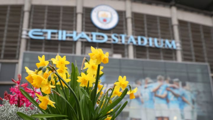 MANCHESTER, ENGLAND - MARCH 14: A general view outside the Etihad Stadium, home of Manchester City F.C, is seen as the scheduled match to be played today between Manchester City and Burnley was postponed due to Covid-19 on March 14, 2020 in Manchester, England. (Photo by Alex Livesey/Getty Images)