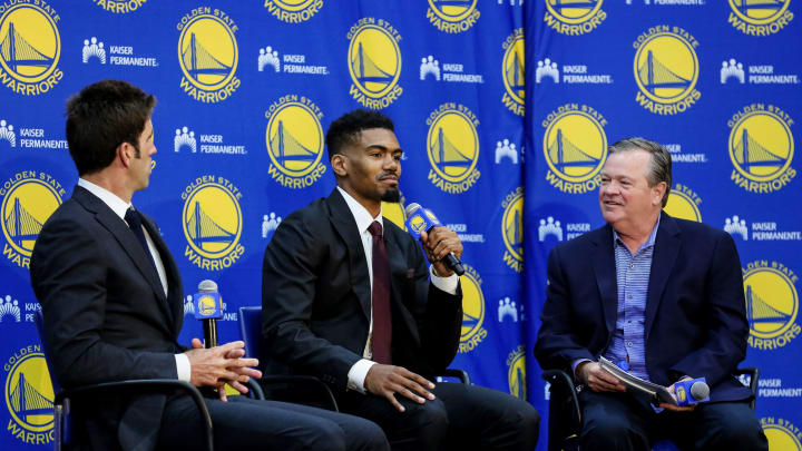OAKLAND, CA – JUNE 25: Draft Pick Jacob Evans III talks to the media during the Post NBA Draft press conference on June 25, 2018 at the Golden State Warriors Corporate Office in Oakland, California. NOTE TO USER: User expressly acknowledges and agrees that, by downloading and or using this photograph, User is consenting to the terms and conditions of the Getty Images License Agreement. Mandatory Copyright Notice: Copyright 2018 NBAE (Photo by Joshua Leung/NBAE via Getty Images)