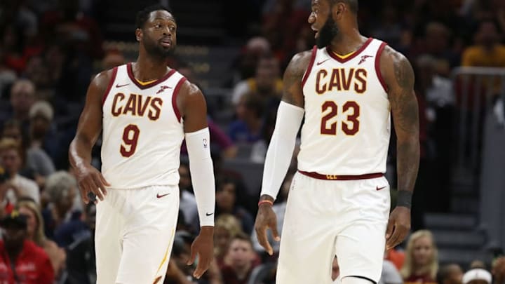 CLEVELAND, OH - OCTOBER 10: Dwyane Wade #9 of the Cleveland Cavaliers talks with LeBron James #23 while playing the Chicago Bulls during a pre season game at Quicken Loans Arena on October 10, 2017 in Cleveland, Ohio. NOTE TO USER: User expressly acknowledges and agrees that, by downloading and or using this photograph, User is consenting to the terms and conditions of the Getty Images License Agreement. (Photo by Gregory Shamus/Getty Images)