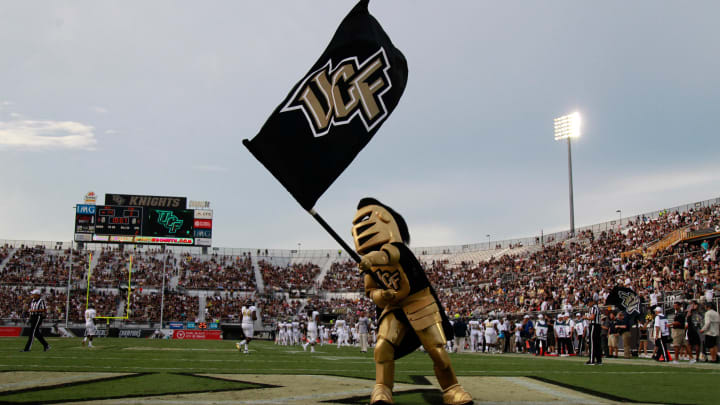 Sep 3, 2015; Orlando, FL, USA; UCF Knights mascot, Knightro, waves a flag against the FIU Golden Panthers at Bright House Networks Stadium. Mandatory Credit: Kim Klement-USA TODAY Sports