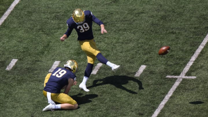 SOUTH BEND, INDIANA - MAY 01: Jonathan Doerer #39 of the Notre Dame Fighting Irish kicks a field goal in the Blue-Gold Spring Game at Notre Dame Stadium on May 01, 2021 in South Bend, Indiana. (Photo by Quinn Harris/Getty Images)