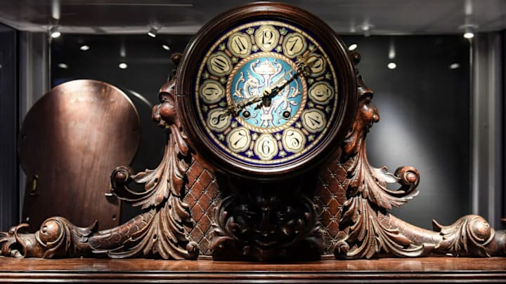 The original clock from the first class public rooms on the Carpathia, on display during a preview of the Titanic Stories exhibition at the National Maritime Museum Cornwall, Falmouth, which opens on March 8. (Photo by Ben Birchall/PA Images via Getty Images)