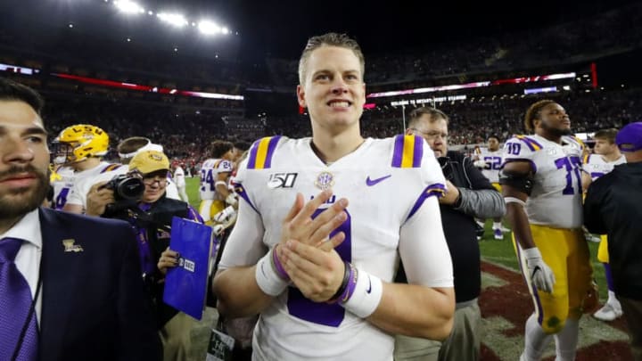 TUSCALOOSA, ALABAMA - NOVEMBER 09: Joe Burrow #9 of the LSU Tigers reacts after defeating the Alabama Crimson Tide 46-41 at Bryant-Denny Stadium on November 09, 2019 in Tuscaloosa, Alabama. (Photo by Kevin C. Cox/Getty Images)