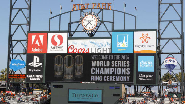SAN FRANCISCO, CA - APRIL 18: General view of the scoreboard during the San Francisco Giants 2014 World Series Ring ceremony before the game against the Arizona Diamondbacks at AT&T Park on April 18, 2015 in San Francisco, California. (Photo by Jason O. Watson/Getty Images)