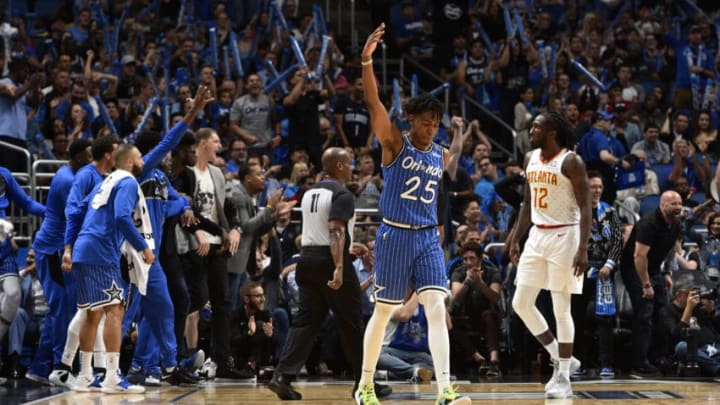 ORLANDO, FL - APRIL 5: Wes Iwundu #25 of the Orlando Magic reacts against the Atlanta Hawks on April 5, 2019 at Amway Center in Orlando, Florida. NOTE TO USER: User expressly acknowledges and agrees that, by downloading and or using this photograph, User is consenting to the terms and conditions of the Getty Images License Agreement. Mandatory Copyright Notice: Copyright 2019 NBAE (Photo by Gary Bassing/NBAE via Getty Images)
