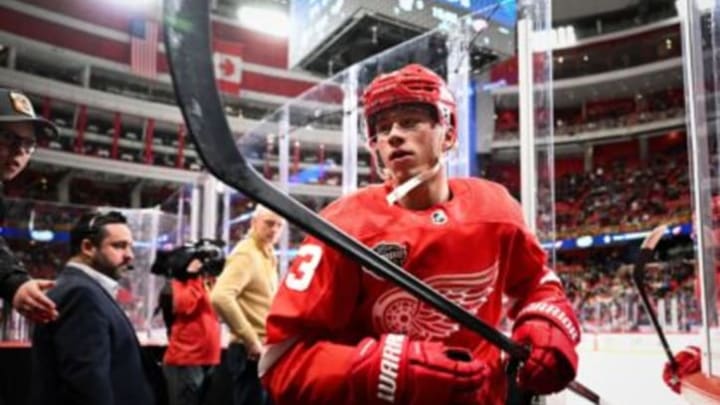 Forward Lucas Raymond of Detroit Red Wings leaves the warm up prior to the NHL Global Series Ice Hockey match between Toronto Maple Leafs and Detroit Red Wings in Stockholm on November 17, 2023. (Photo by Jonathan NACKSTRAND / AFP) (Photo by JONATHAN NACKSTRAND/AFP via Getty Images)