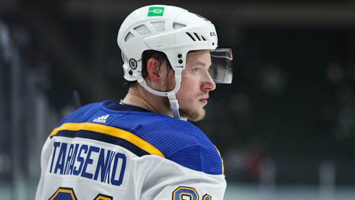 St. Louis Blues right wing Vladimir Tarasenko (91) looks on against the Minnesota Wild in the first period at Xcel Energy Center. Mandatory Credit: David Berding-USA TODAY Sports