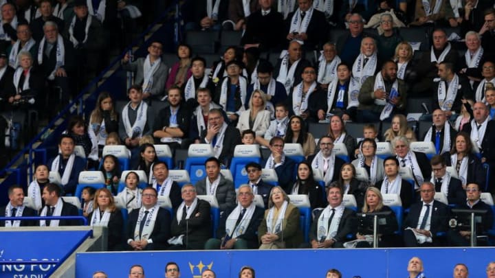 LEICESTER, ENGLAND - OCTOBER 19: Chairman of Leicester City Aiyawatt Srivaddhanaprabha (front right) looks on during the Premier League match between Leicester City and Burnley FC at The King Power Stadium on October 19, 2019 in Leicester, United Kingdom. (Photo by Stephen Pond/Getty Images)
