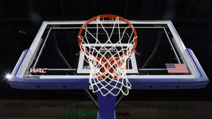 LAS VEGAS, NEVADA - MARCH 15: The Western Athletic Conference tournament logo is shown on the backboard before the semifinal game of the Western Athletic Conference basketball tournament between the Texas-Rio Grande Valley Vaqueros and the New Mexico State Aggies at the Orleans Arena on March 15, 2019 in Las Vegas, Nevada. (Photo by Joe Buglewicz/Getty Images)