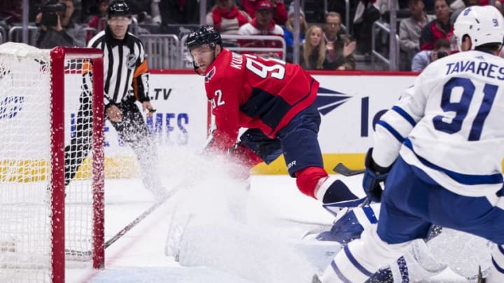 Evgeny Kuznetsov #92 of the Washington Capitals scores a goal against Michael Hutchinson #30 of the Toronto Maple Leafs during the second period at Capital One Arena. (Photo by Scott Taetsch/Getty Images)