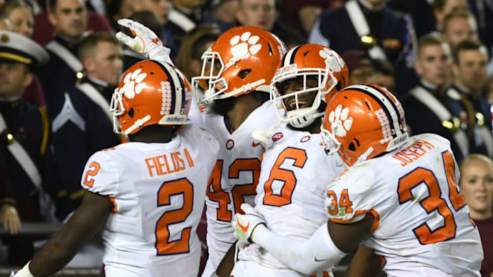 BLACKSBURG, VA - SEPTEMBER 30: Dorian O'Daniel #6 of the Clemson Tigers celebrates after returning an interception for a touchdown during the fourth quarter against the Virginia Tech Hokies at Lane Stadium on September 30, 2017 in Blacksburg, Virginia. (Photo by Michael Shroyer/Getty Images)