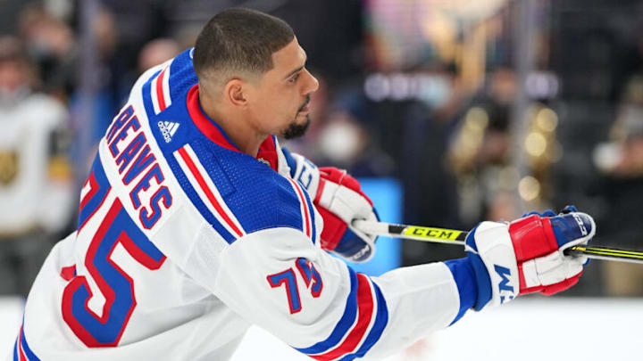 Jan 6, 2022; Las Vegas, Nevada, USA; New York Rangers right wing Ryan Reaves (75) warms up before a game against the Vegas Golden Knights at T-Mobile Arena. Mandatory Credit: Stephen R. Sylvanie-USA TODAY Sports