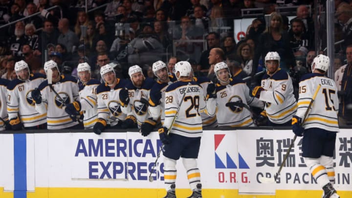 LOS ANGELES, CA - OCTOBER 14: Buffalo Sabres celebrate after Buffalo Sabres winger Zemgus Girgensons (28)scores a goal during the game against theLos Angeles Kings on October 14, 2017, at the Staples Center in Los Angeles, CA. (Photo by Adam Davis/Icon Sportswire via Getty Images)