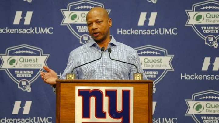 Jan 5, 2016; East Rutherford, NJ, USA; New York Giants general manager Jerry Reese addresses the media during a press conference at Quest Diagnostics Training Center. Mandatory Credit: Jim O
