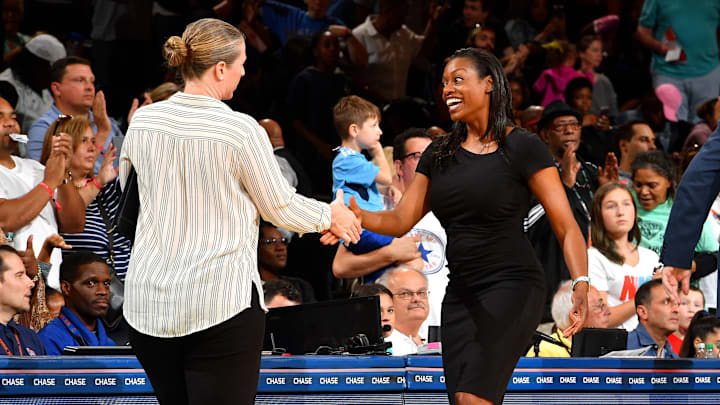 NEW YORK, NY – AUGUST 28: Amber Stocks of the Chicago Sky shakes hands with Katie Smith of the New York Liberty after the game in a WNBA game on August 27, 2017 at Madison Square Garden in New York, New York. NOTE TO USER: User expressly acknowledges and agrees that, by downloading and or using this photograph, User is consenting to the terms and conditions of the Getty Images License Agreement. Mandatory Copyright Notice: Copyright 2017 NBAE (Photo by Jesse D. Garrabrant/NBAE via Getty Images)