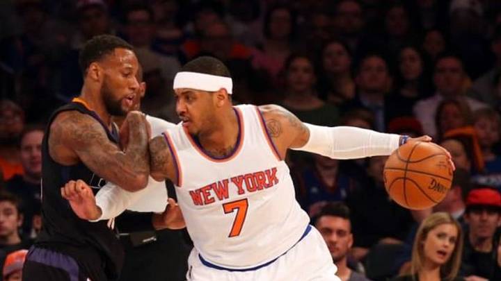 Jan 29, 2016; New York, NY, USA; New York Knicks forward Carmelo Anthony (7) drives against Phoenix Suns guard Sonny Weems (10) during the first quarter at Madison Square Garden. Mandatory Credit: Anthony Gruppuso-USA TODAY Sports