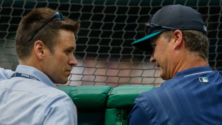 SEATTLE, WA - AUGUST 02: GM Jerry Dipoto (L) and manager Scott Servais #9 of the Seattle Mariners talk behind the batting cage prior to the game against the Boston Red Sox at Safeco Field on August 2, 2016 in Seattle, Washington. (Photo by Otto Greule Jr/Getty Images)