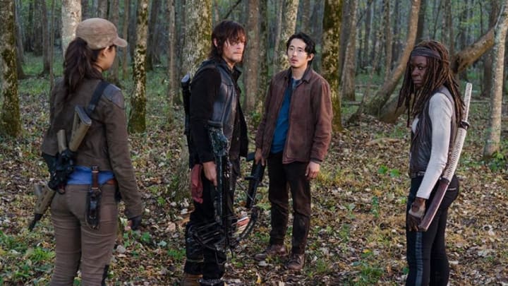 Rosita Espinosa (Christian Serratos), Daryl Dixon (Norman Reedus), Glenn Rhee (Steven Yeun), and Michonne (Danai Gurira) in EpisodePhoto Credit: Gene Page/AMC, The Walking Dead