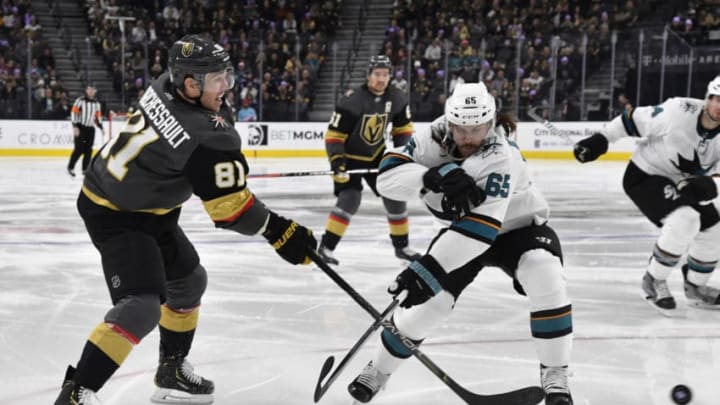 LAS VEGAS, NEVADA - NOVEMBER 21: Jonathan Marchessault #81 of the Vegas Golden Knights shoots the puck during the third period against the San Jose Sharks at T-Mobile Arena on November 21, 2019 in Las Vegas, Nevada. (Photo by Jeff Bottari/NHLI via Getty Images)