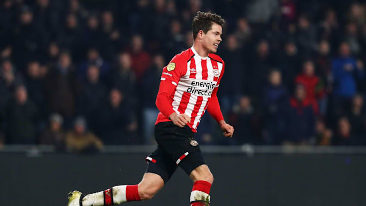 EINDHOVEN, NETHERLANDS - JANUARY 22: Marco van Ginkel of PSV celebrates scoring his teams third goal of the game during the Dutch Eredivisie match between PSV Eindhoven and SC Heerenveen held at Philips Stadion on January 22, 2017 in Eindhoven, Netherlands. (Photo by Dean Mouhtaropoulos/Getty Images)