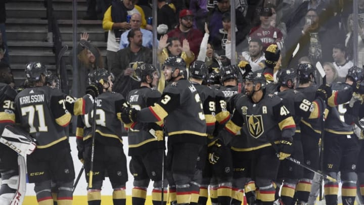 LAS VEGAS, NV - NOVEMBER 19: The Vegas Golden Knights celebrate after defeating the Los Angeles Kings at T-Mobile Arena on November 19, 2017 in Las Vegas, Nevada. (Photo by Jeff Bottari/NHLI via Getty Images) *** Local Caption ***