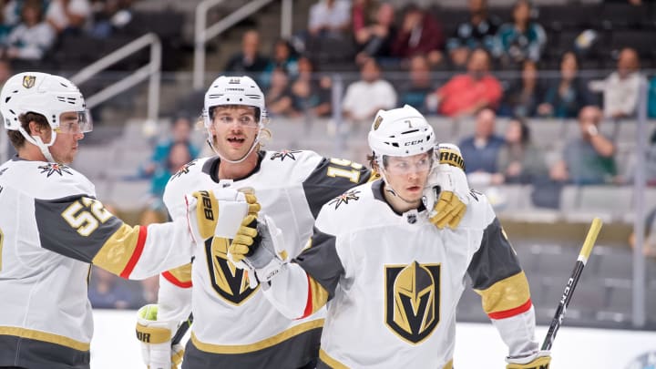 SAN JOSE, CA – SEPTEMBER 21: Vegas Golden Knights left wing Valentin Zykov (7) celebrates with teammates during the San Jose Sharks game versus the Vegas Golden Knights on September 21, 2019, at SAP Center at San Jose in San Jose, CA.” (Photo by Matt Cohen/Icon Sportswire via Getty Images)