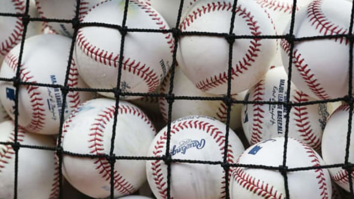 HOUSTON, TX – APRIL 08: A bucket of baseballs to be used for batting practice at Minute Maid Park on April 8, 2017 in Houston, Texas. (Photo by Bob Levey/Getty Images)