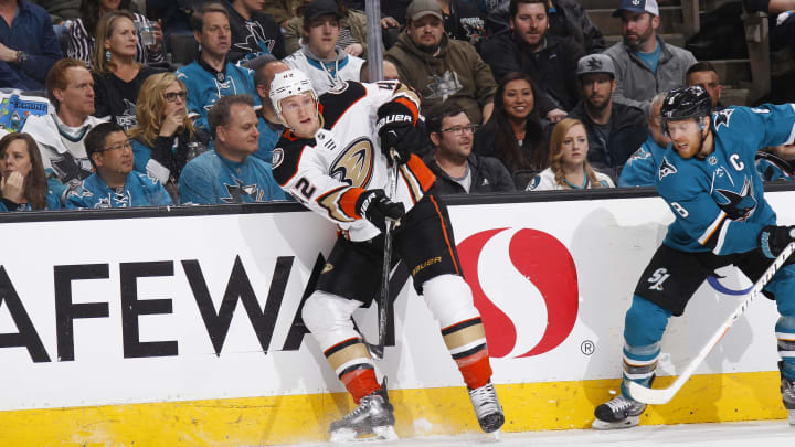 SAN JOSE, CA – APRIL 18: Josh Manson #42 of the Anaheim Ducks passes the puck against the San Jose Sharks in Game Four of the Western Conference First Round during the 2018 NHL Stanley Cup Playoffs at SAP Center on April 18, 2018 in San Jose, California. (Photo by Rocky W. Widner/NHL/Getty Images) *** Local Caption *** Josh Manson