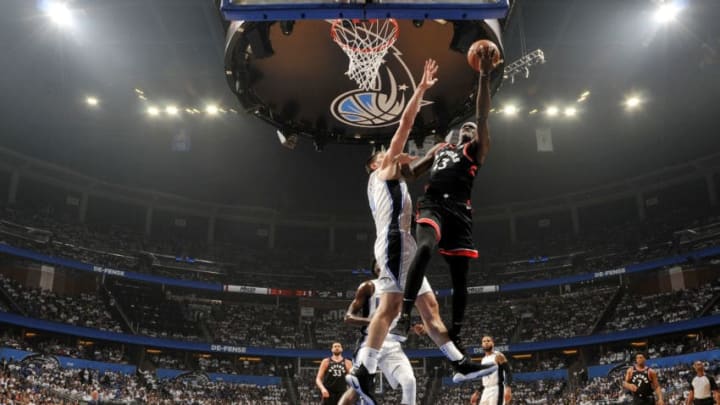 ORLANDO, FL - APRIL 19: Pascal Siakam #43 of the Toronto Raptors shoots the ball against the Orlando Magic during Game Three of Round One of the 2019 NBA Playoffs on April 19, 2019 at Amway Center in Orlando, Florida. NOTE TO USER: User expressly acknowledges and agrees that, by downloading and or using this photograph, User is consenting to the terms and conditions of the Getty Images License Agreement. Mandatory Copyright Notice: Copyright 2019 NBAE (Photo by Fernando Medina/NBAE via Getty Images) ORLANDO, FL - APRIL 19: Pascal Siakam #43 of the Toronto Raptors shoots the ball against the Orlando Magic during Game Three of Round One of the 2019 NBA Playoffs on April 19, 2019 at Amway Center in Orlando, Florida. NOTE TO USER: User expressly acknowledges and agrees that, by downloading and or using this photograph, User is consenting to the terms and conditions of the Getty Images License Agreement. Mandatory Copyright Notice: Copyright 2019 NBAE (Photo by Fernando Medina/NBAE via Getty Images)