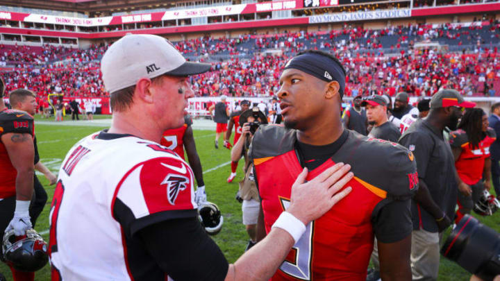 TAMPA, FL - DECEMBER 30: Quarterback Matt Ryan #2 of the Atlanta Falcons with quarterback Jameis Winston #3 of the Tampa Bay Buccaneers after the game at Raymond James Stadium on December 30, 2018 in Tampa, Florida. (Photo by Will Vragovic/Getty Images)