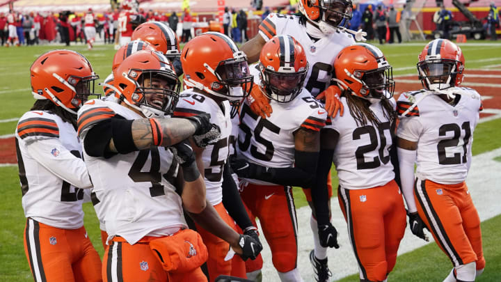 Jan 17, 2021; Kansas City, Missouri, USA; Cleveland Browns strong safety Karl Joseph (42) celebrates his interception against the Kansas City Chiefs during the second half in the AFC Divisional Round playoff game at Arrowhead Stadium. Mandatory Credit: Jay Biggerstaff-USA TODAY Sports