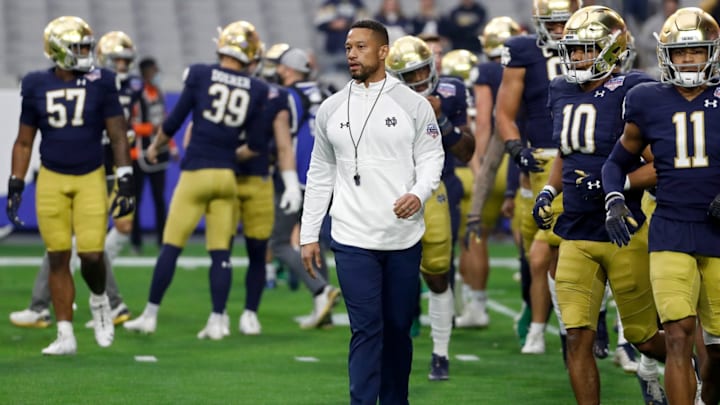 GLENDALE, ARIZONA – JANUARY 01: Head coach Marcus Freeman of the Notre Dame Fighting Irish looks on before the PlayStation Fiesta Bowl against the Oklahoma State Cowboys at State Farm Stadium on January 01, 2022, in Glendale, Arizona. (Photo by Chris Coduto/Getty Images)