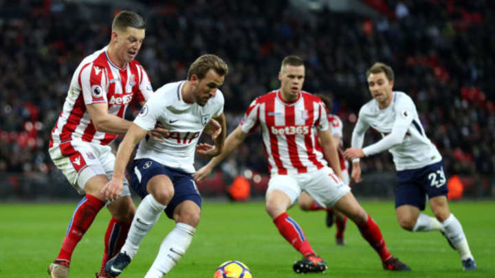 LONDON, ENGLAND – DECEMBER 09: Harry Kane of Tottenham Hotspur is put under pressure by Kevin Wimmer of Stoke City during the Premier League match between Tottenham Hotspur and Stoke City at Wembley Stadium on December 9, 2017 in London, England. (Photo by Catherine Ivill/Getty Images)