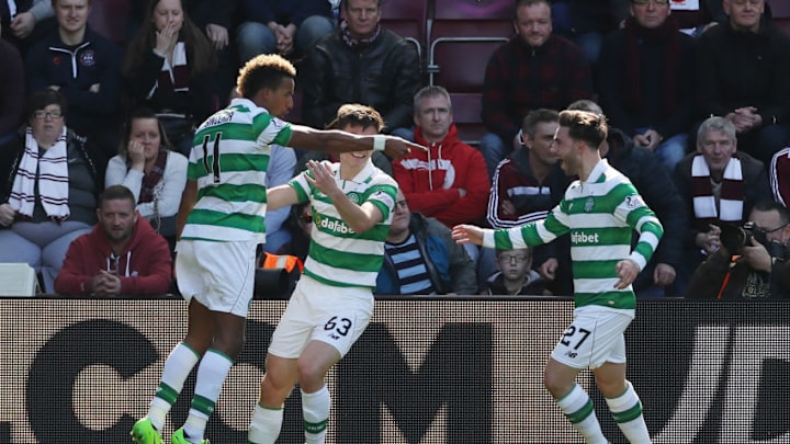 EDINBURGH, SCOTLAND - APRIL 02: Scott Sinclair of Celtic celebrates after scoring the opening goal during the Ladbrokes Premiership match between Hearts and Celtic at Tynecastle Stadium on April 2, 2017 in Edinburgh, Scotland. (Photo by Ian MacNicol/Getty Images)