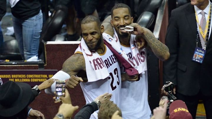 Jun 16, 2016; Cleveland, OH, USA; Cleveland Cavaliers forward LeBron James (23) and guard J.R. Smith (5) leave the court after game six of the NBA Finals at Quicken Loans Arena. The Cavaliers won 115-101. Mandatory Credit: Ken Blaze-USA TODAY Sports