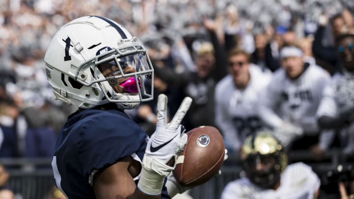 STATE COLLEGE, PA – OCTOBER 05: KJ Hamler #1 of the Penn State Nittany Lions celebrates after catching a pass for a touchdown against the Purdue Boilermakers during the first half at Beaver Stadium on October 5, 2019 in State College, Pennsylvania. (Photo by Scott Taetsch/Getty Images)