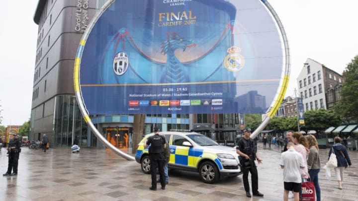 CARDIFF, WALES - MAY 29: Armed police officers in Cardiff city centre on May 29, 2017 in Cardiff, Wales. Preparations are underway for the UEFA Champions League final which will be held on June 3 at the National Stadium of Wales in Cardiff. Extra security measures have been put in place in the city centre. The terror threat level has been reduced from critical to severe following a terrorist attack in which 22 people were killed at an Ariana Grande concert in Manchester. (Photo by Matthew Horwood/Getty Images)
