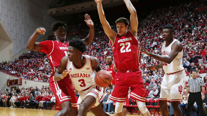 Jan 3, 2017; Bloomington, IN, USA; Indiana Hoosiers forward OG Anunoby (3) drives to the basket against Wisconsin Badgers forward Nigel Hayes (10) at Assembly Hall. Mandatory Credit: Brian Spurlock-USA TODAY Sports