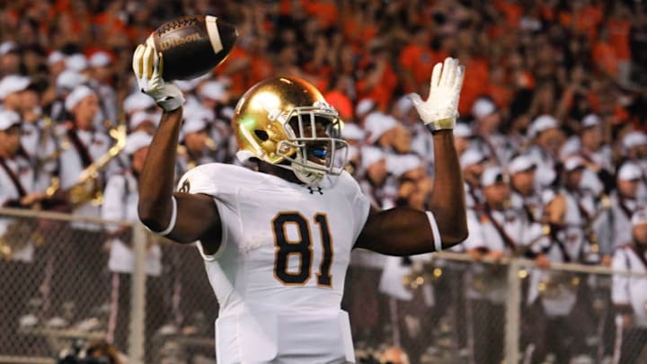 BLACKSBURG, VA - OCTOBER 6: Wide receiver Miles Boykin #81 of the Notre Dame Fighting Irish celebrates his touchdown reception against the Virginia Tech Hokies in the second half at Lane Stadium on October 6, 2018 in Blacksburg, Virginia. (Photo by Michael Shroyer/Getty Images)
