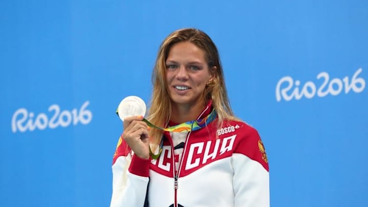 Aug 8, 2016; Rio de Janeiro, Brazil; Yulia Efimova (RUS) on the podium after the women