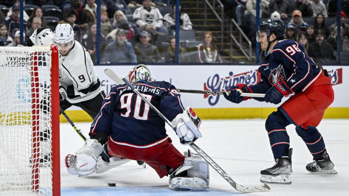 Dec 11, 2022; Columbus, Ohio, USA; Columbus Blue Jackets goaltender Elvis Merzlikins (90) stops a shot from Los Angeles Kings right wing Adrian Kempe (9) in the third period at Nationwide Arena. Mandatory Credit: Gaelen Morse-USA TODAY Sports