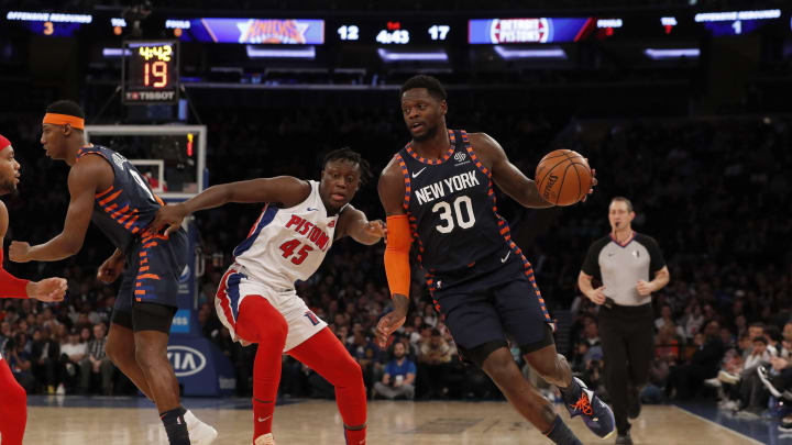 NEW YORK, NEW YORK – MARCH 08: (NEW YORK DAILIES OUT) Julius Randle #30 of the New York Knicks in action against Sekou Doumbouya #45 of the Detroit Pistons at Madison Square Garden on March 08, 2020 in New York City. The Knicks defeated the Pistons 96-84. NOTE TO USER: User expressly acknowledges and agrees that, by downloading and or using this photograph, User is consenting to the terms and conditions of the Getty Images License Agreement. (Photo by Jim McIsaac/Getty Images)