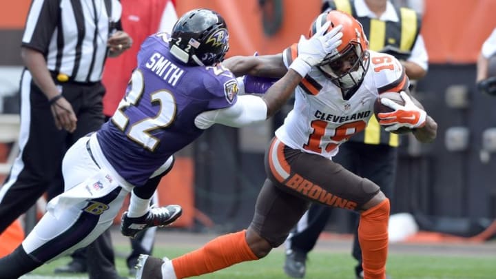 Sep 18, 2016; Cleveland, OH, USA; Cleveland Browns wide receiver Corey Coleman (19) runs past Baltimore Ravens cornerback Jimmy Smith (22) during the first half at FirstEnergy Stadium. Mandatory Credit: Ken Blaze-USA TODAY Sports