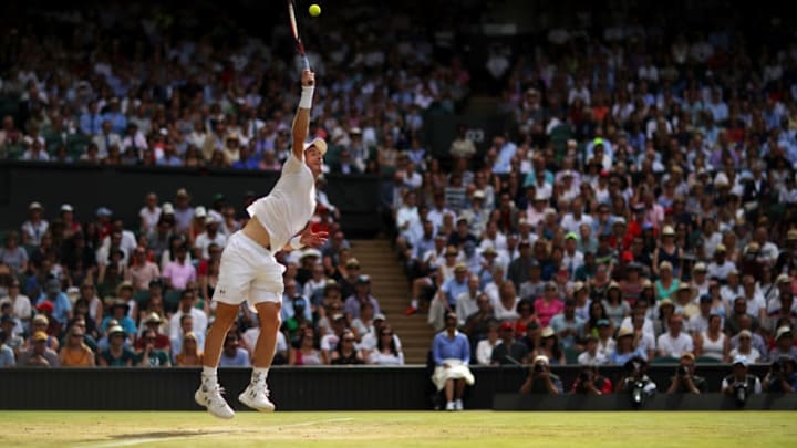 LONDON, ENGLAND - JULY 10: Andy Murray of Great Britain serves during the Gentlemen's Singles fourth round match against Benoit Paire of France on day seven of the Wimbledon Lawn Tennis Championships at the All England Lawn Tennis and Croquet Club on July 10, 2017 in London, England. (Photo by Julian Finney/Getty Images)