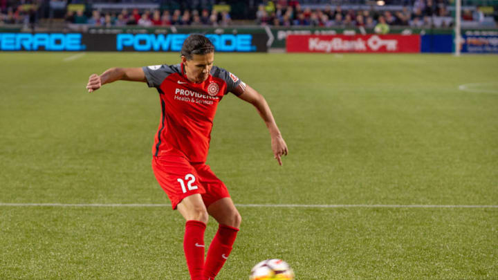 PORTLAND, OR - MAY 30: Portland Thorns forward Christine Sinclair takes a shot on goal during the second half of the North Carolina Courage 4-1 victory over the Portland Thorns on May 30, 2018, at Providence Park, Portland, OR. (Photo by Diego Diaz/Icon Sportswire via Getty Images)