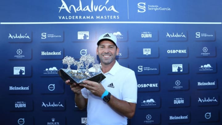 CADIZ, SPAIN - OCTOBER 22: Sergio Garcia of Spain poses with the trophy following his victory during the final round of of the Andalucia Valderrama Masters at Real Club Valderrama on October 22, 2017 in Cadiz, Spain. (Photo by Warren Little/Getty Images)