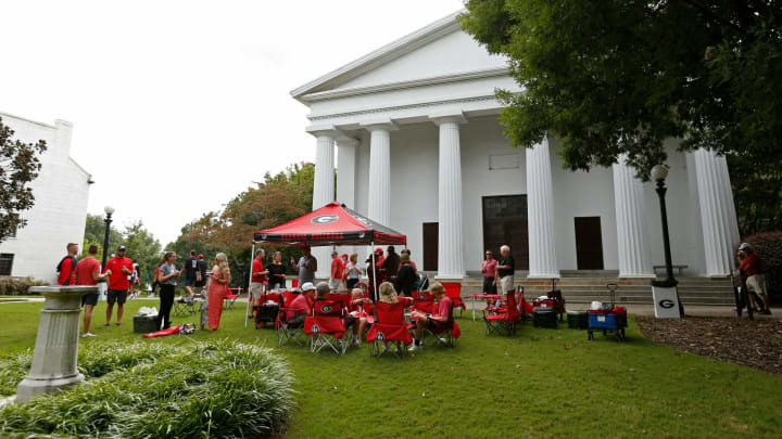 Georgia fan tailgate in front of the UGA Chapel before an NCAA college football game between South Carolina and Georgia in Athens, Ga., on Sept. 18, 2021.News Joshua L Jones
