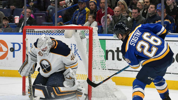 ST. LOUIS, MO - DECEMBER 10: Buffalo Sabres goalie Robin Lehner (40) stops a shot on goal by St. Louis Blues center Paul Stastny (26) during a NHL game between the Buffalo Sabres and the St. Louis Blues on December 10, 2017, at Scottrade Center, St. Louis, MO. St. Louis won in overtime, 3-2. (Photo by Keith Gillett/Icon Sportswire via Getty Images)