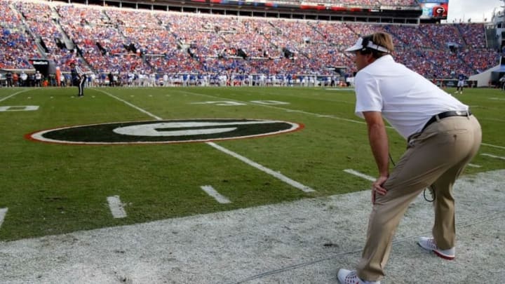 Oct 29, 2016; Jacksonville, FL, USA; Georgia Bulldogs head coach Kirby Smart looks on against the Florida Gators during the first half at EverBank Field. Mandatory Credit: Kim Klement-USA TODAY Sports