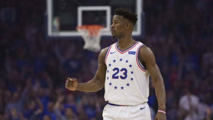 PHILADELPHIA, PA - MAY 02: Jimmy Butler #23 of the Philadelphia 76ers reacts against the Toronto Raptors in Game Three of the Eastern Conference Semifinals at the Wells Fargo Center on May 2, 2019 in Philadelphia, Pennsylvania. The 76ers defeated the Raptors 116-95. NOTE TO USER: User expressly acknowledges and agrees that, by downloading and or using this photograph, User is consenting to the terms and conditions of the Getty Images License Agreement. (Photo by Mitchell Leff/Getty Images)
